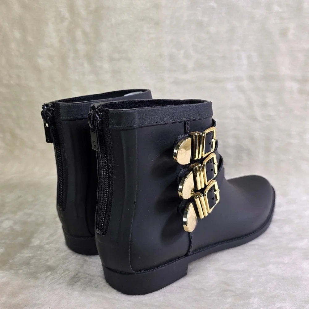 Loeffler Randall Fenton Rain Boots Duck Black Gold Buckle Moto Women  7